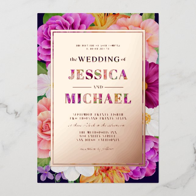 Purple Pink Rose Gold Floral Wedding Details Foil Invitation (Front)