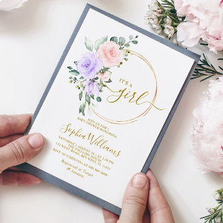 Purple Pink Rose & Gold Wreath Baby Shower Invitation