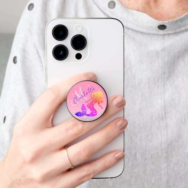 Purple pink rose mermaid sparkles Monogram PopSocket (Hand)