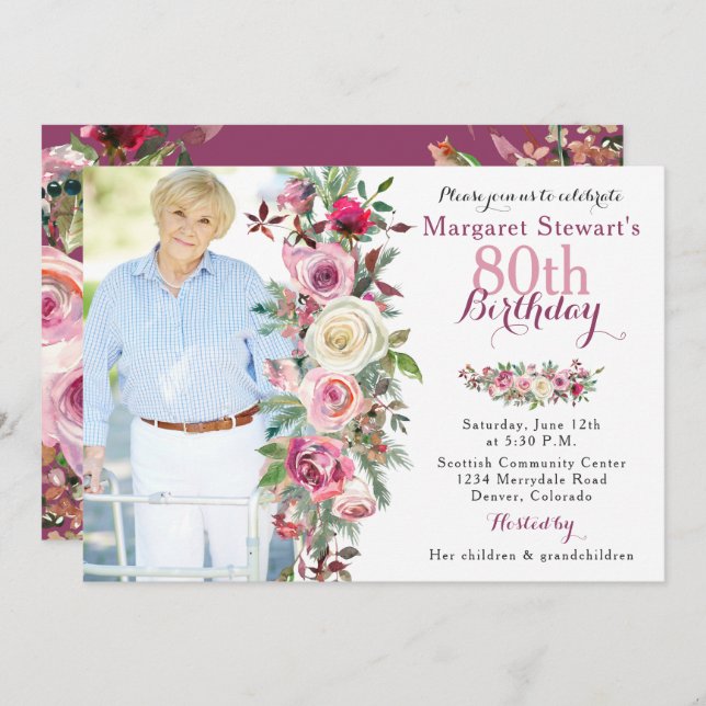 Purple Pink Rose Photo 80th Birthday Invitation (Front/Back)