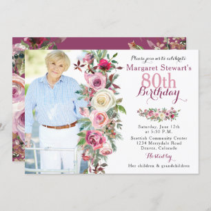 Purple Pink Rose Photo 80th Birthday Invitation