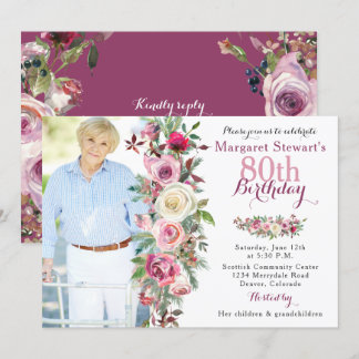 Purple Pink Rose Photo 80th Birthday Invitation