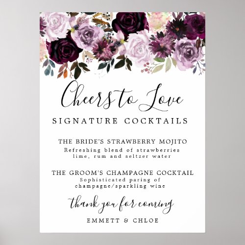 Purple Pink Rose Signature Cocktails Wedding Sign