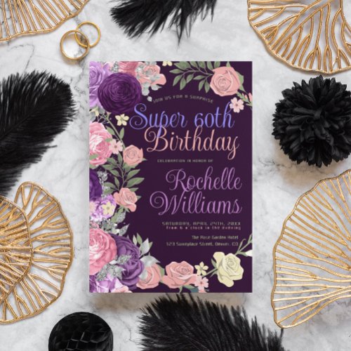 Purple Pink Rose Super 60th Birthday Celebration Invitation