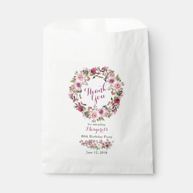 Purple Pink Rose Wreath 80th Birthday Thank You Favor Bag (Front)