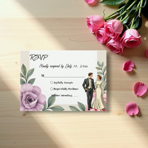 Purple Pink Roses Couple Watercolor Floral Wedding RSVP Card