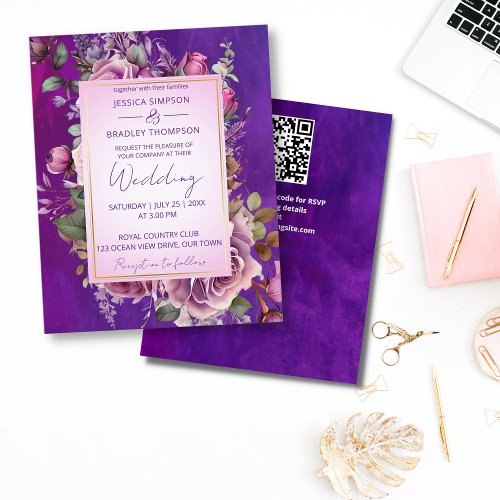 Purple pink roses elegant budget wedding invite