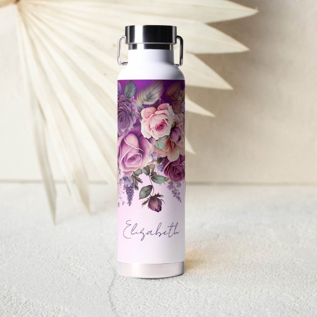 Purple pink roses elegant personalized  water bottle (Purple pink ombre floral personalized water bottle bridesmaid gifts for girls bridal party favors)
