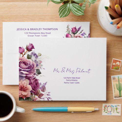 Purple pink roses elegant wedding addressed envelope