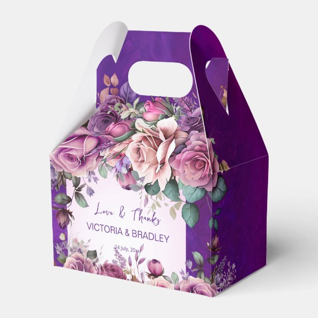 Purple pink roses elegant wedding favors custom favor boxes (Front Side)