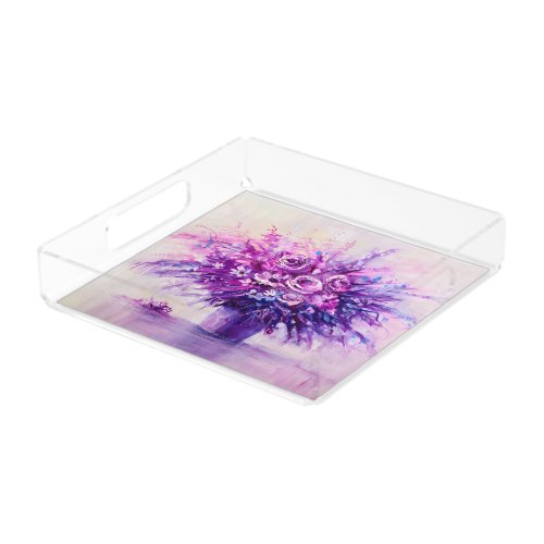 Purple  Pink Roses Oil Painting Print Flowers Acrylic Tray