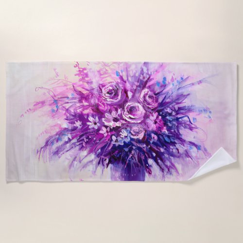 Purple  Pink Roses Oil Painting Print Flowers Beach Towel
