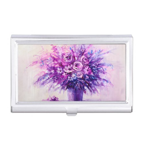 Purple  Pink Roses Oil Painting Print Flowers Business Card Case