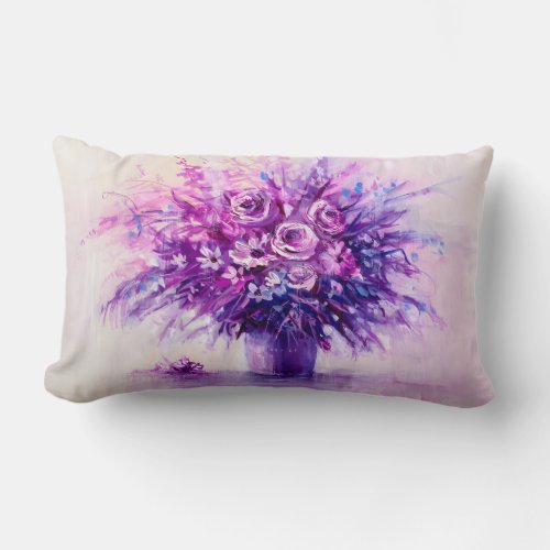 Purple  Pink Roses Oil Painting Print Flowers Lumbar Pillow