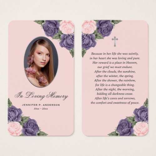 Purple Pink Roses Silver Cross Funeral Prayer Card