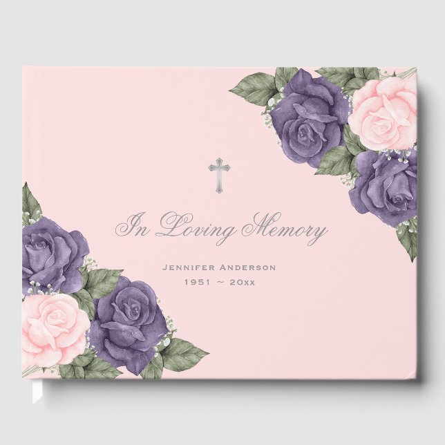Purple Pink Roses Silver Floral Memorial Funeral Guest Book (Front)