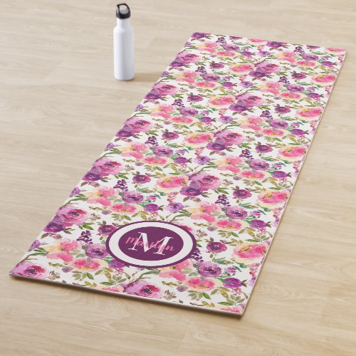 Purple Pink Roses Watercolor Flower Floral Yoga Mat