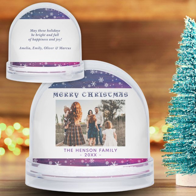 Purple Pink Rustic Wood Snowflake Christmas Photo Snow Globe (Creator Uploaded)