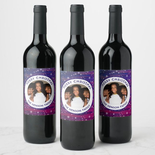 Purple Pink Rustic Wood Snowflake Christmas Photo Wine Label (Bottles)