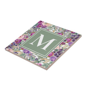 Purple Pink Sage Green Boho Flowers Monogram Ceramic Tile