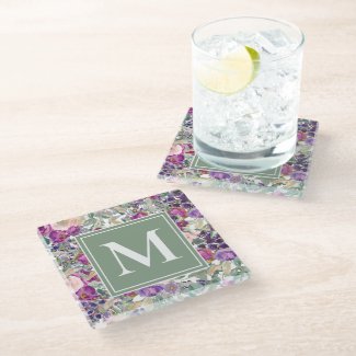 Purple Pink Sage Green Boho Flowers Monogram  Glass Coaster