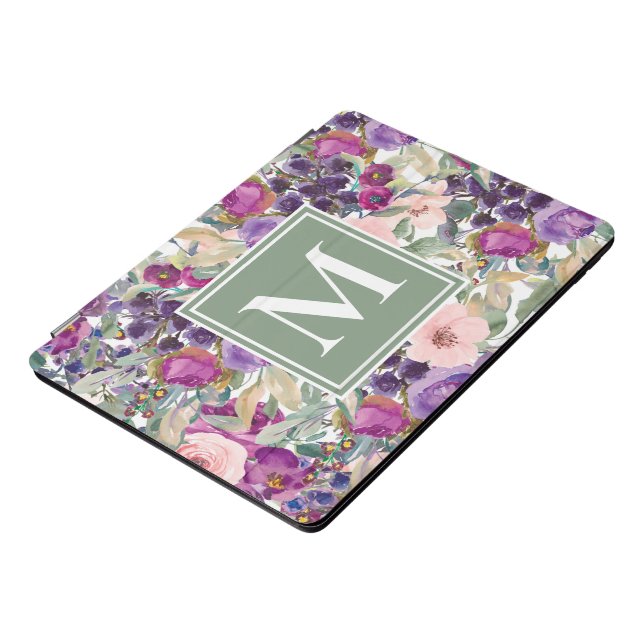 Purple Pink Sage Green Boho Flowers Monogram  iPad Pro Cover (Side)