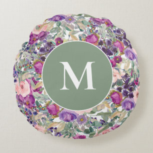 Purple Pink Sage Green Boho Flowers Round Pillow