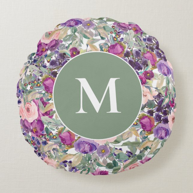 Purple Pink Sage Green Boho Flowers Round Pillow (Front)