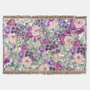 Purple Pink Sage Green Boho Flowers Throw Blanket