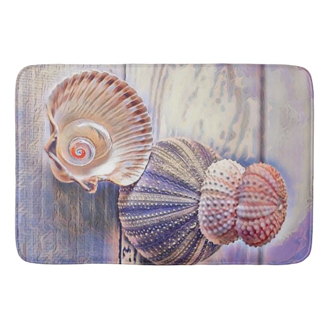 Purple pink seashells on wood watercolor  bath mat (Front)