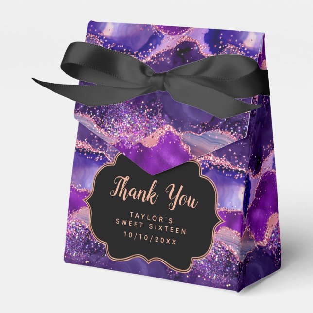 Purple Pink Sequins Agate Sweet Sixteen Thank You Favor Boxes (Front Side)