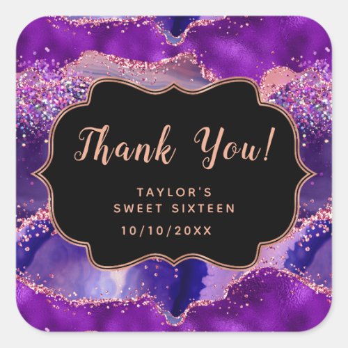 Purple Pink Sequins Agate Sweet Sixteen Thank You Square Sticker