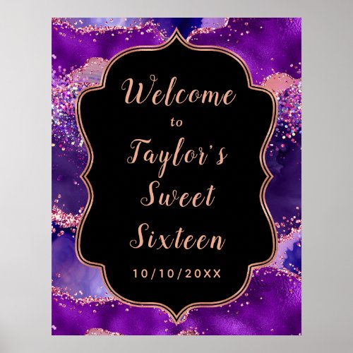Purple Pink Sequins Agate Sweet Sixteen Welcome Poster