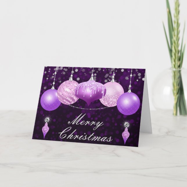 Purple, Pink & Silver Christmas Baubles Holiday Card (Front)