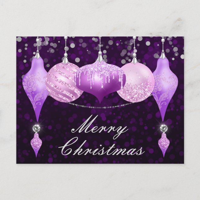 Purple, Pink & Silver Christmas Baubles Holiday Postcard (Front)