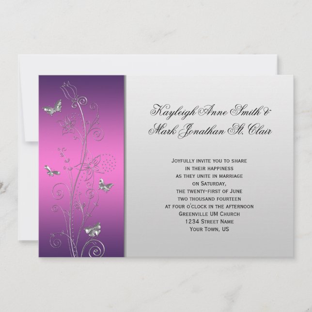 Purple Pink Silver Floral Butterflies Wedding Invitation (Front)