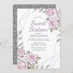 Purple Pink Silver Glitter Geometric Sweet Sixteen Invitation