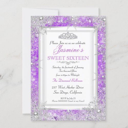 Purple Pink Silver Winter Wonderland Sweet 16 Invitation