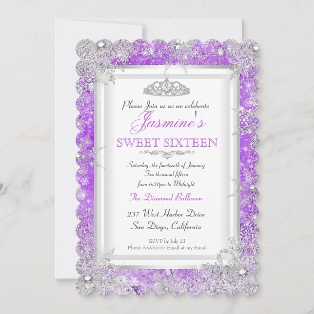 Purple Pink Silver Winter Wonderland Sweet 16 Invitation (Front)
