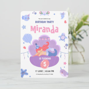 Purple Pink Sleeping Mermaid Happy Birthday Invitation