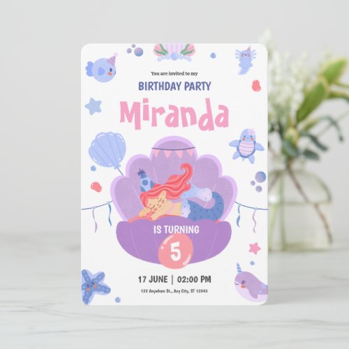 Purple Pink Sleeping Mermaid Happy Birthday Invitation