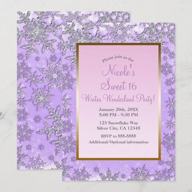 Purple & Pink Snowflakes Winter Wonderland Party Invitation (Front/Back)