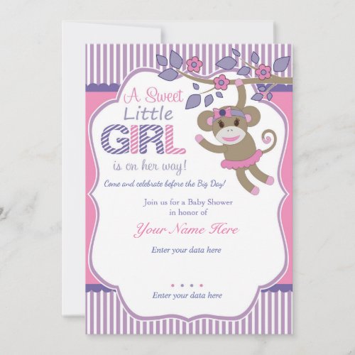 Purple Pink Sock Monkey Baby Shower Invitation
