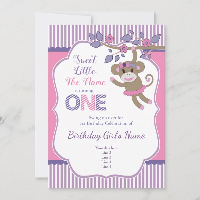 Purple Pink Sock Monkey Birthday Invitation (Front)