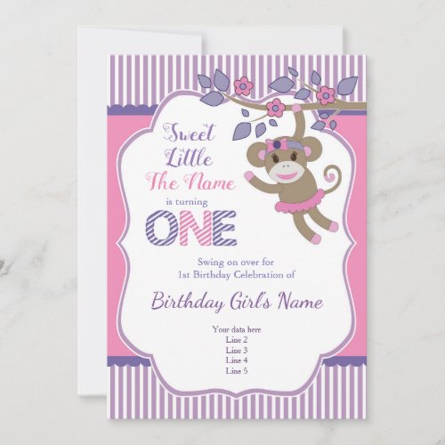 Purple Pink Sock Monkey Birthday Invitation