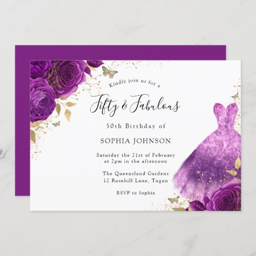 Purple Pink Sparkle Dress Rose 50th Birthday Party Invitation