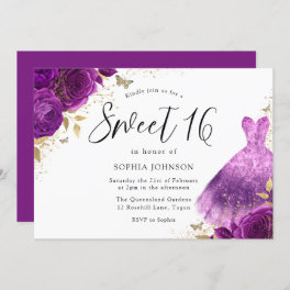 Purple Pink Sparkle Dress Rose Sweet 16 Party Invitation