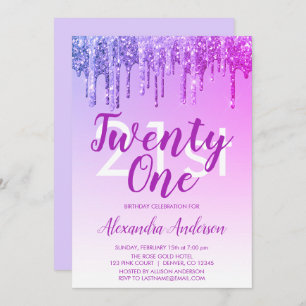 Purple Pink Sparkle Glitter 21st Birthday Party Invitation