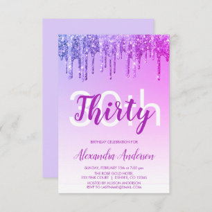 Purple Pink Sparkle Glitter 30th Birthday Party Invitation