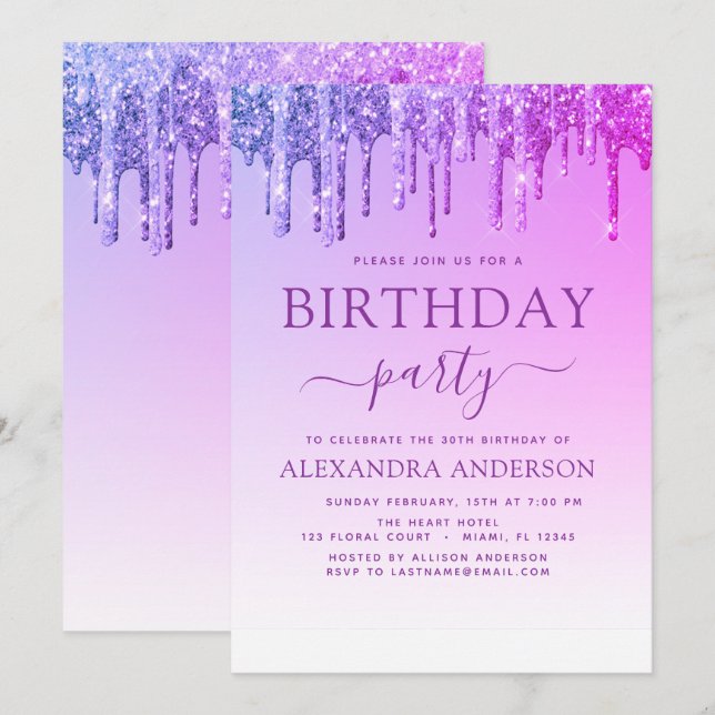 Purple Pink Sparkle Glitter Any Age  Birthday Invitation (Front/Back)